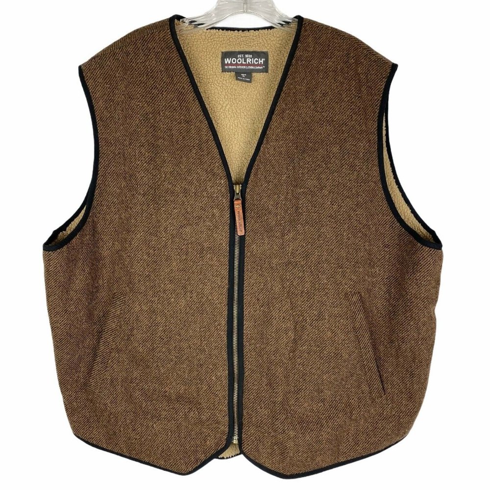 Woolrich 412 Buckskin Wool Hunting Vest Zip Up Sherpa Lined Tan Brown